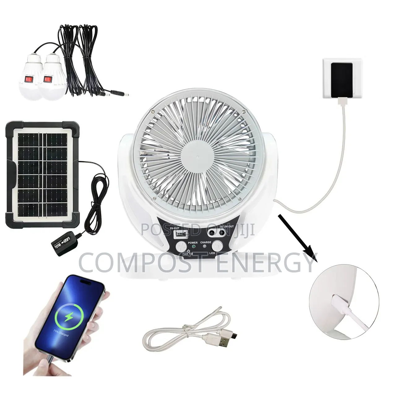 6 Inch Recharge Table Fan With 2 Bulbs and Panel