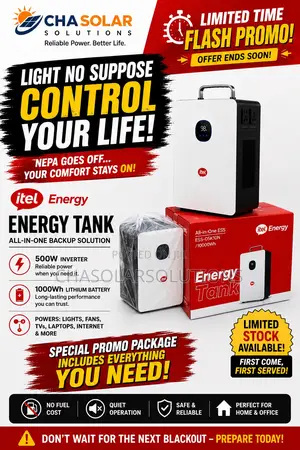 Itel 500w Inverter Power Tank + 1kwh Lifepo4 Battery All-in-One Solar