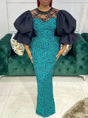 Print Lace Patchwork Puff Sleeve Long Gown