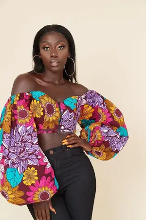 Print Lantern Sleeve Crop Top