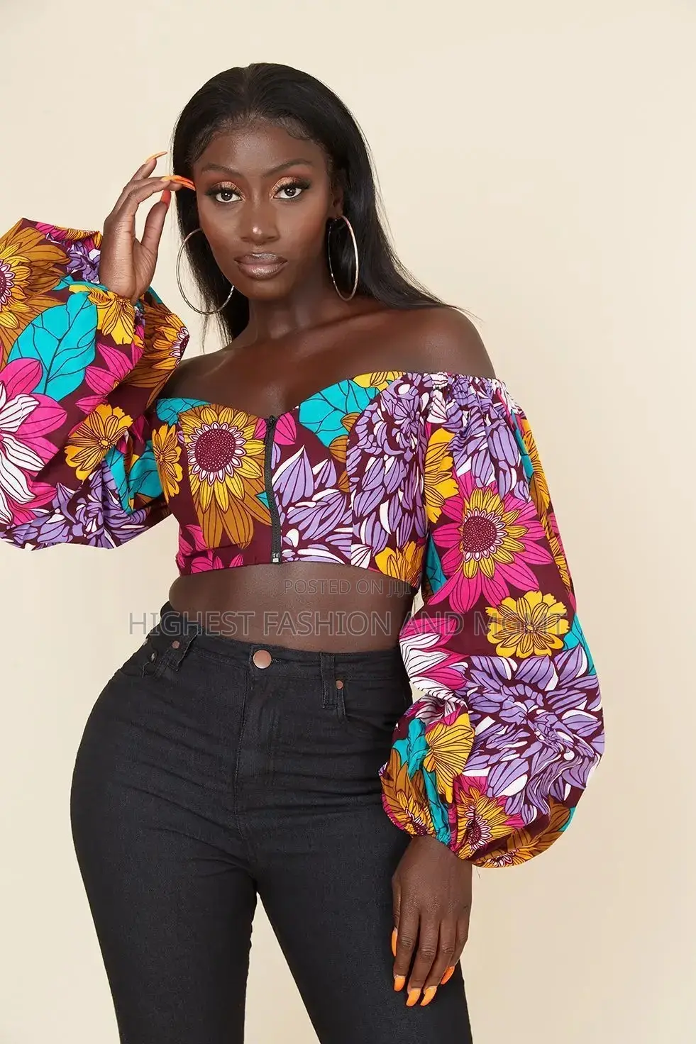 Print Lantern Sleeve Crop Top