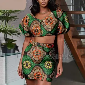 Bob Sleeve Crop Top and Mini Skirt 2 Piece Print Outfit