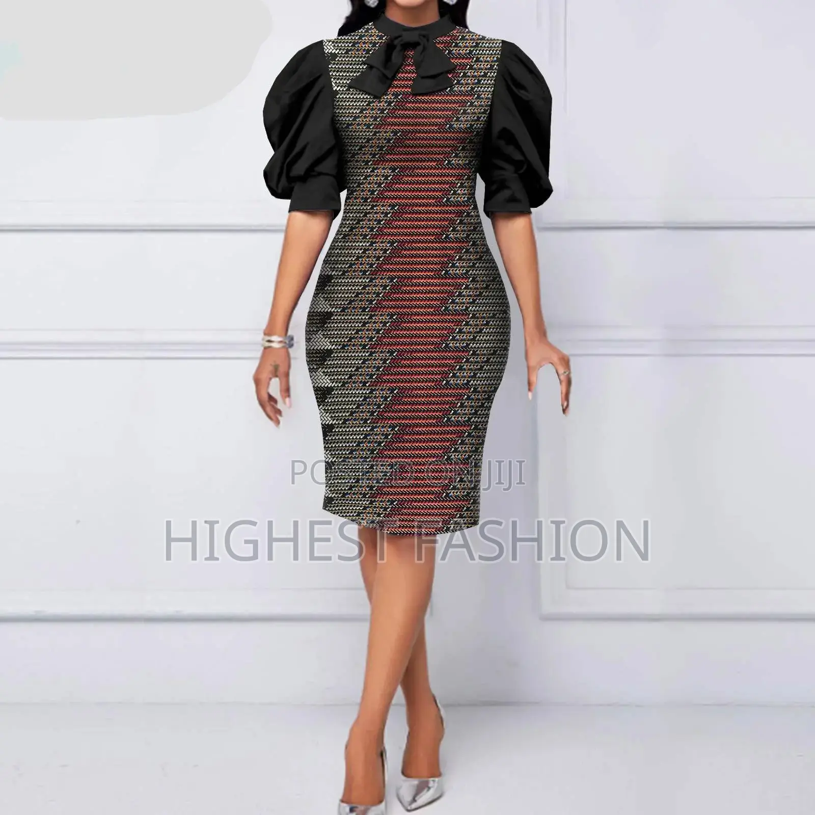 Puff Sleeve Bow Colar Print Dress