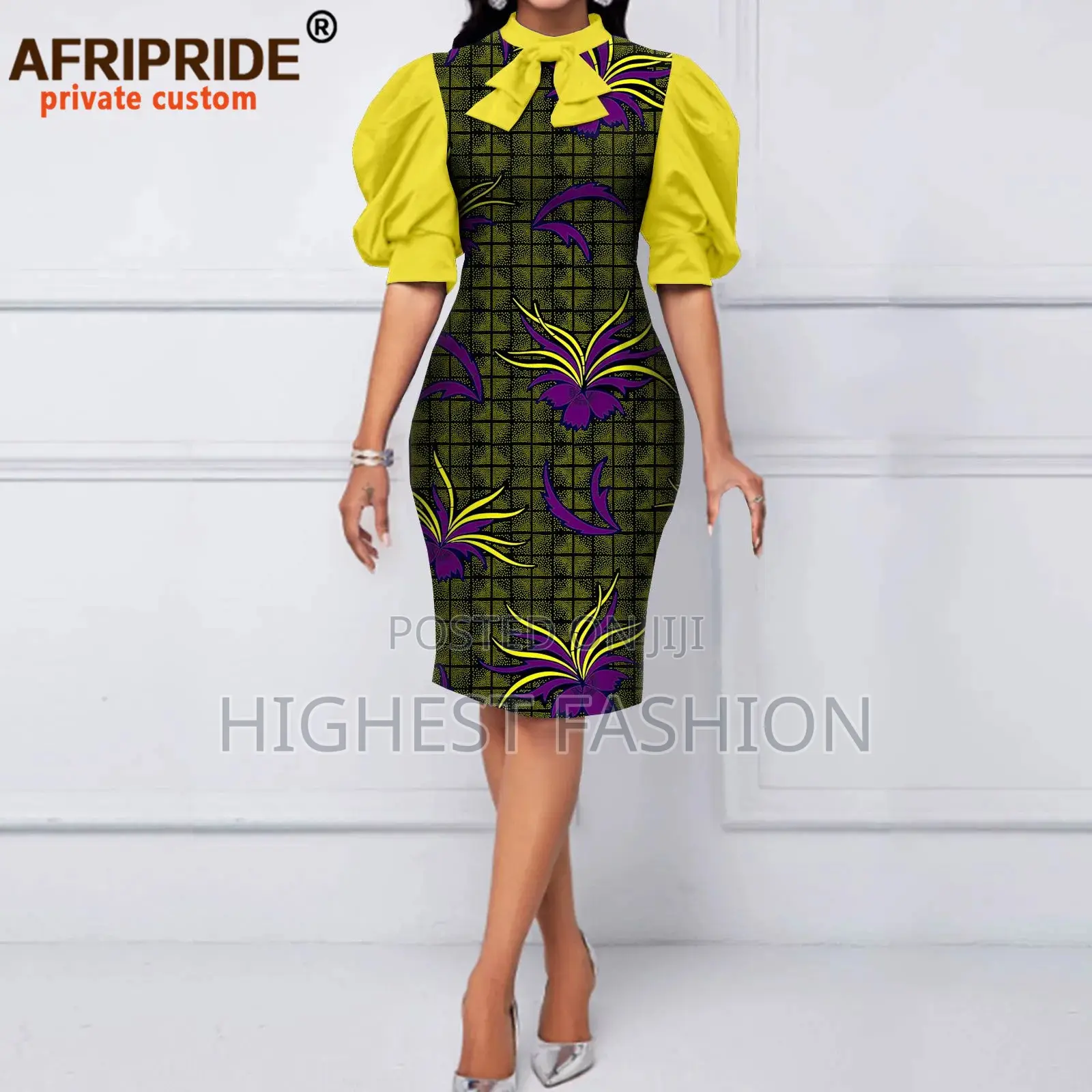 Puff Sleeve Bow Colar Print Dress