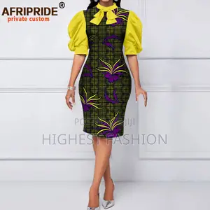 Puff Sleeve Bow Colar Print Dress
