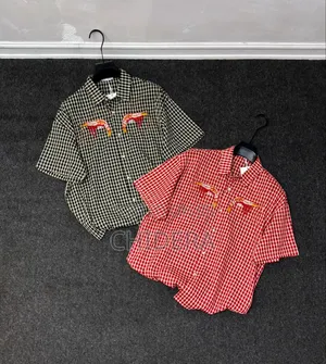 Brand New Red Plaid Short Sleeve Shirt With Premium Shrimp Embroidery