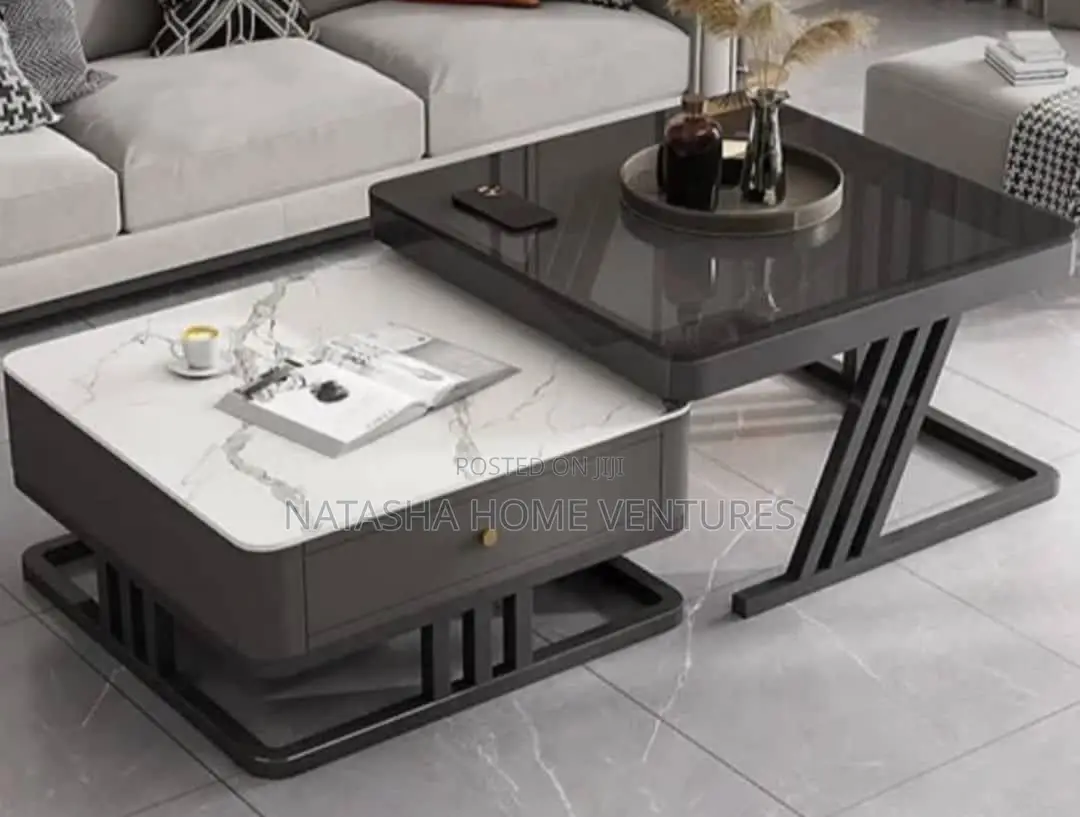 Extendable Marble Dark Coffee Table Set With Drawer