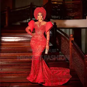 African Mermaid Beaded Lace Long Sleeves Gown