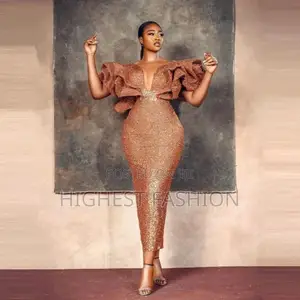Sequin Puffy Shoulder v Neck Ankle Length Evening Gown