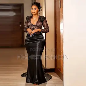 Long Sleeves v Neck Lace and Satin Mermaid Gown