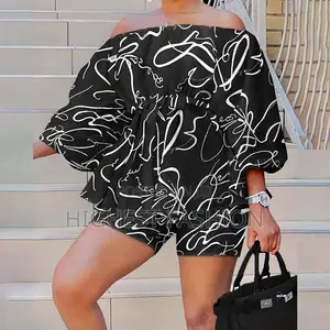 2 Piece Slash Neck Three Quarter Puff Sleeve Short