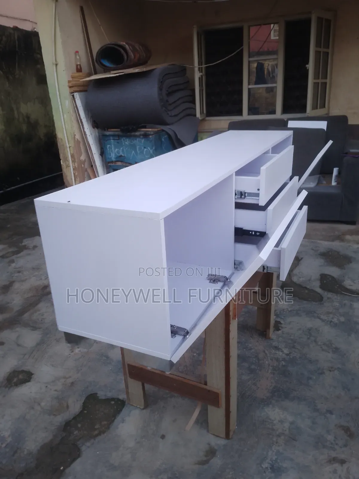 White Tv Console With Drawers and Two Doors
