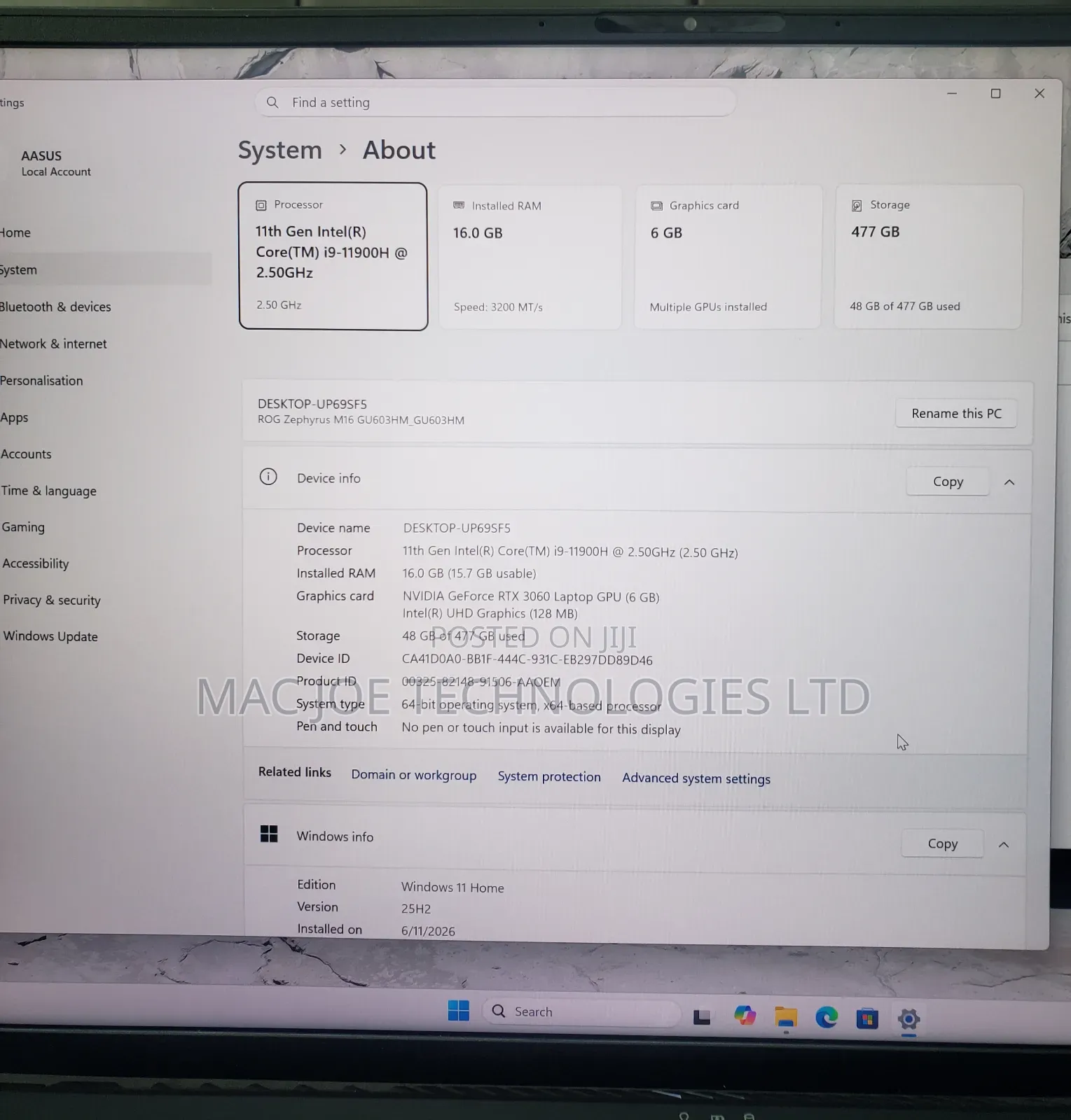 Laptop Asus ROG Zephyrus M16 16GB Intel Core i9 SSD 512GB