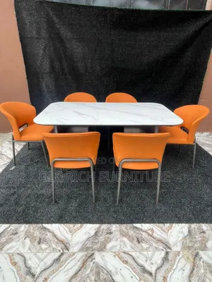 Rectangular Marble-Top Dining Set – 6-Seater With Burnt Orange Chairs