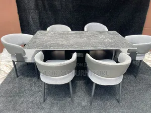 Rectangular Dark Stone Dining Set – 6-Seater With Black Base