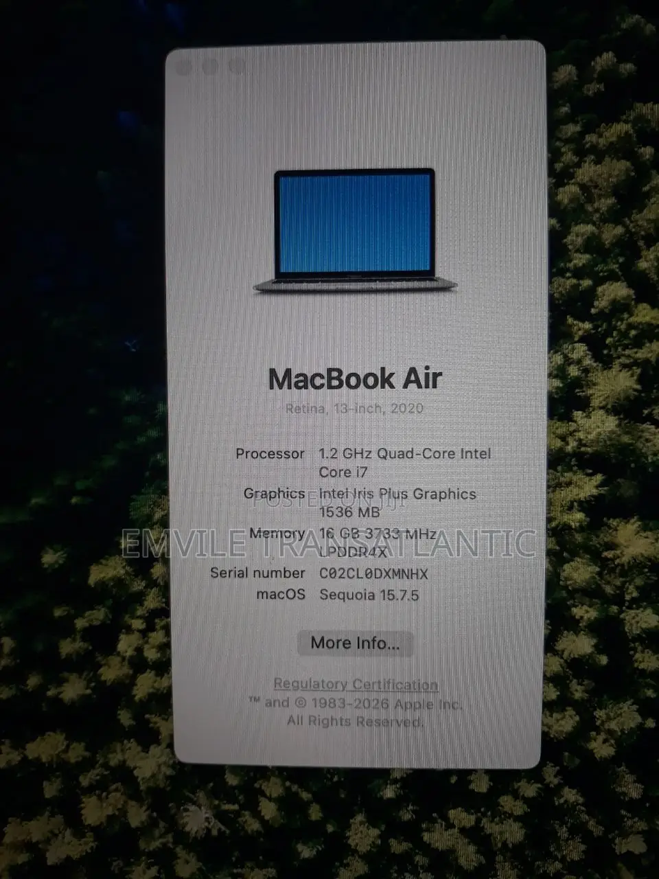 Laptop Apple MacBook Air 16GB Intel SSD 256GB