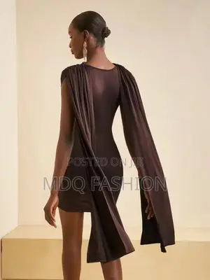 Luxury Brown Draped Cape Mini Dress – Elegant Ruched Bodycon