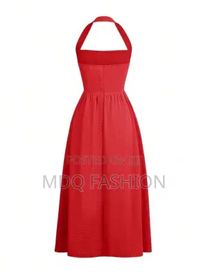 Gorgeous Red Halter Neck Midi Dress – Elegant a-Line Flare Dress
