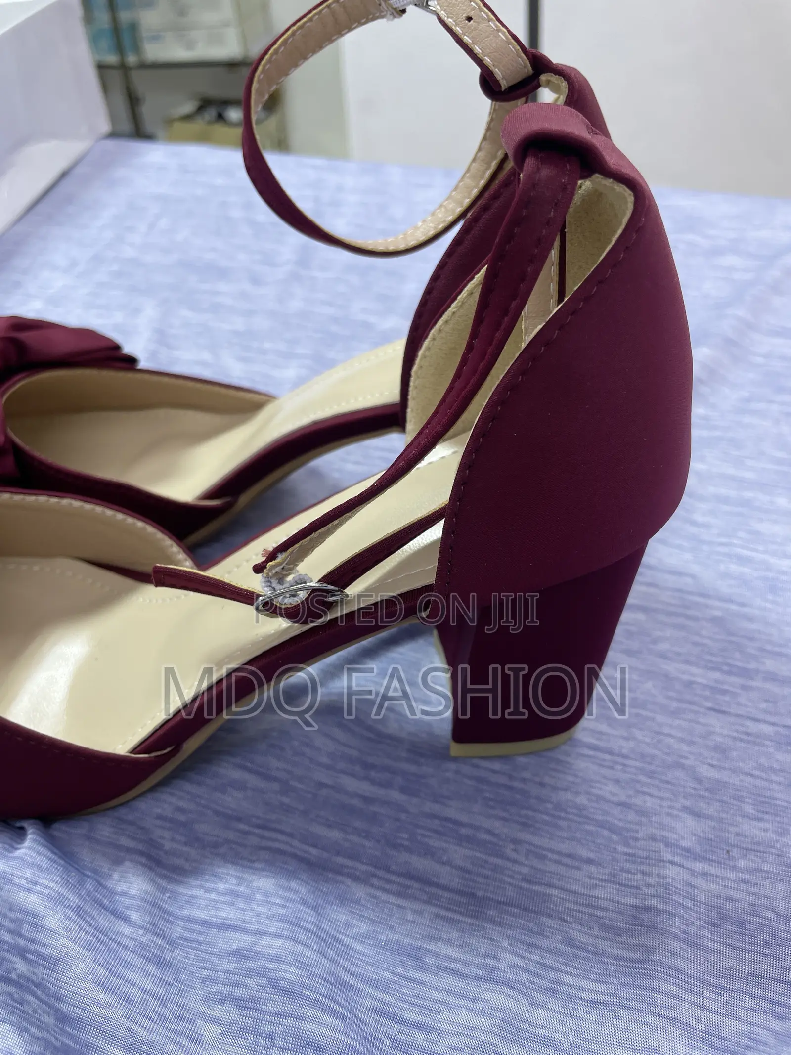Burgundy Satin Bow Block Heels