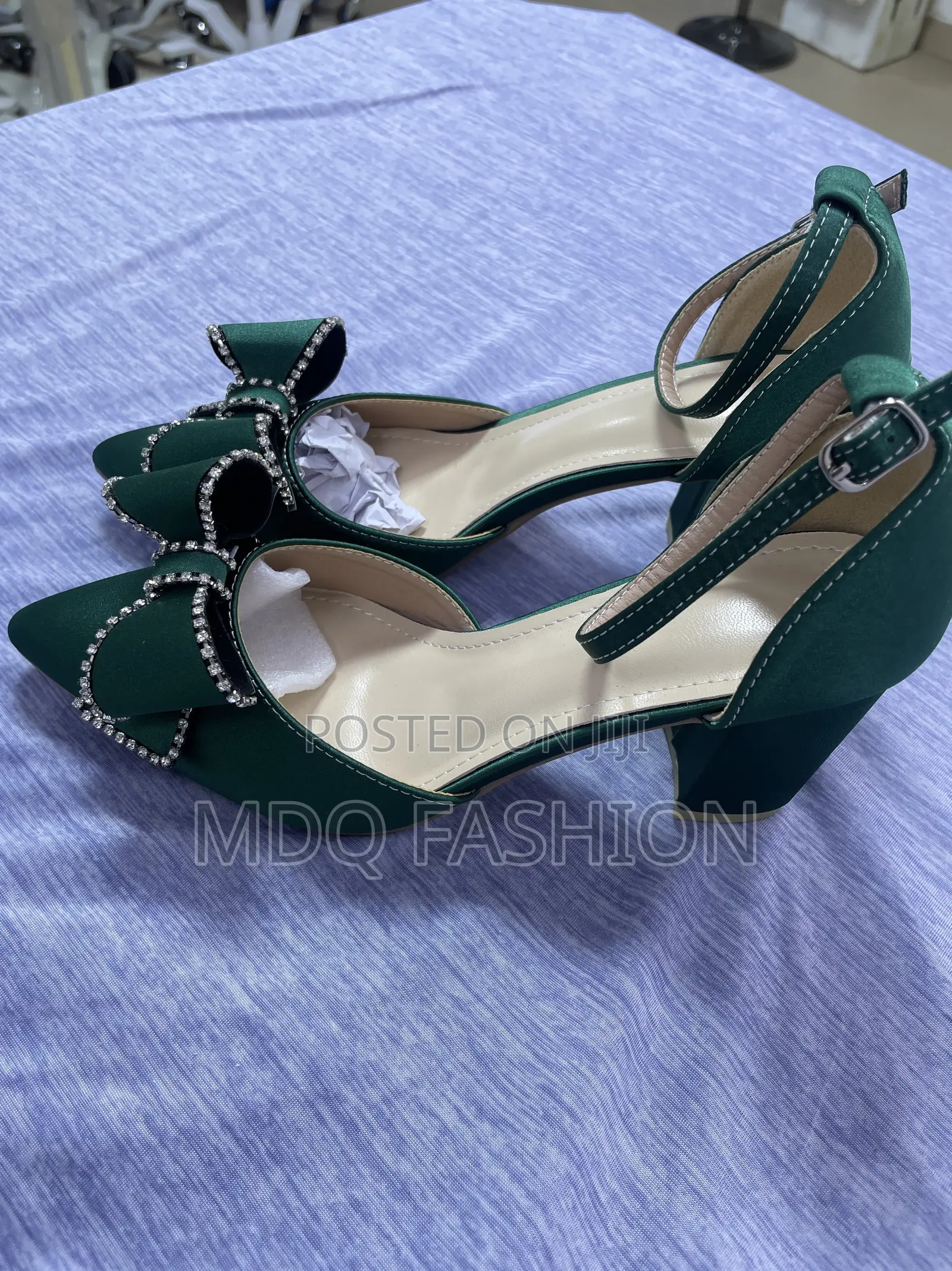 Emerald Green Rhinestone Bow Block Heels