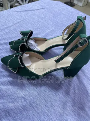 Emerald Green Rhinestone Bow Block Heels