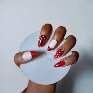 Ruby Dot Glam Press-on Nails – Red Glitter French Tip Almond Nail Set
