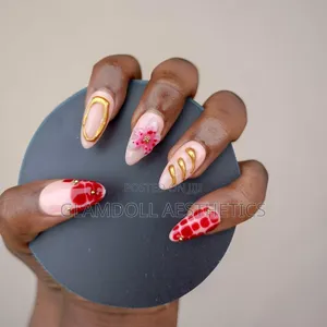 Red Nude Almond Nail Set With Gold Chrome Accents 3d Flower Art