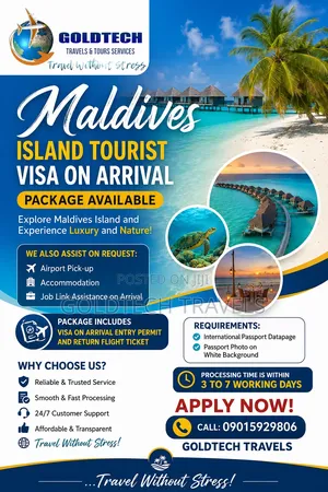 Maldives Island Tourist Visa on Arrival to Work Package Available