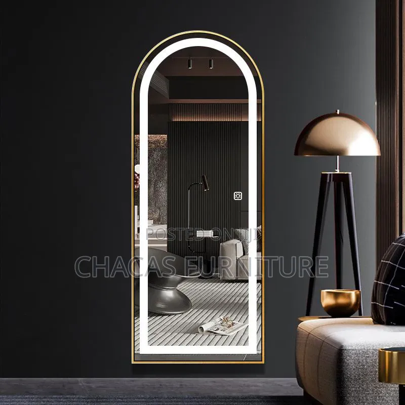 Modern Arched Backlit Mirror With Touch Sensor Gold Aluminum Frame