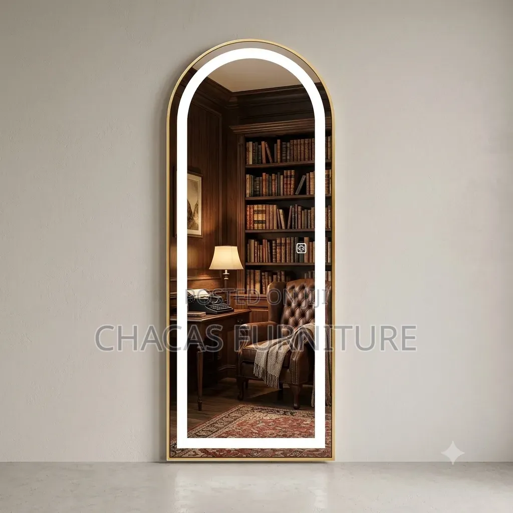 Modern Arched Backlit Mirror With Touch Sensor Gold Aluminum Frame