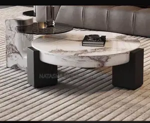 Round Marble-Top Coffee Table With Dark Wood Block Legs
