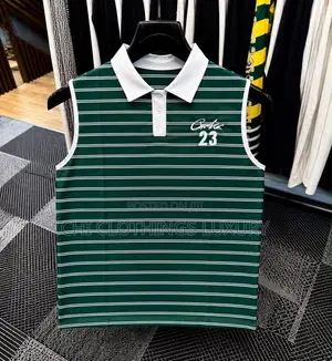 Men’S Sleeveless Striped Polo Shirt – Navy Blue White