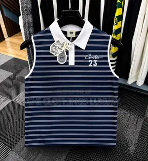 Men’S Sleeveless Striped Polo Shirt – Navy Blue White
