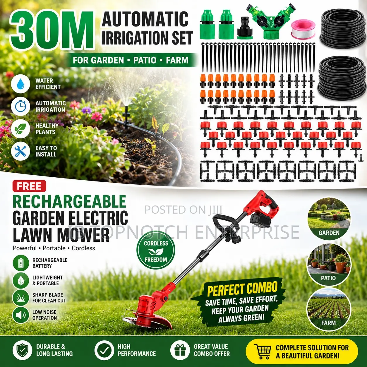30m Automatic Irrigation Set Free Rechargeable Garden Lawn Mower