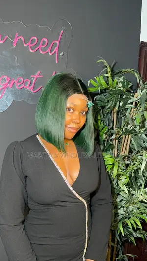 10 Inches Green-Colored /Burgundy Straight Human Hair Wig.