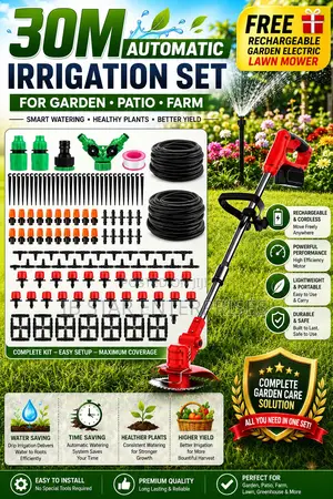 Enjoy Hassle-free 30m Irrigation Kits Plus Free Garden Electric Mower