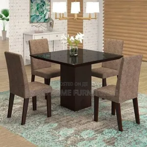 Modern 5-Piece Dining Set With a Dark Wood Pedestal Table.
