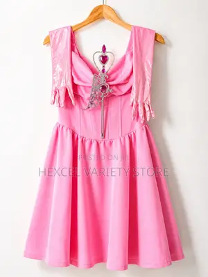 Elegant Pink Princess Dress With Gloves, Crown Rhinestone Wand