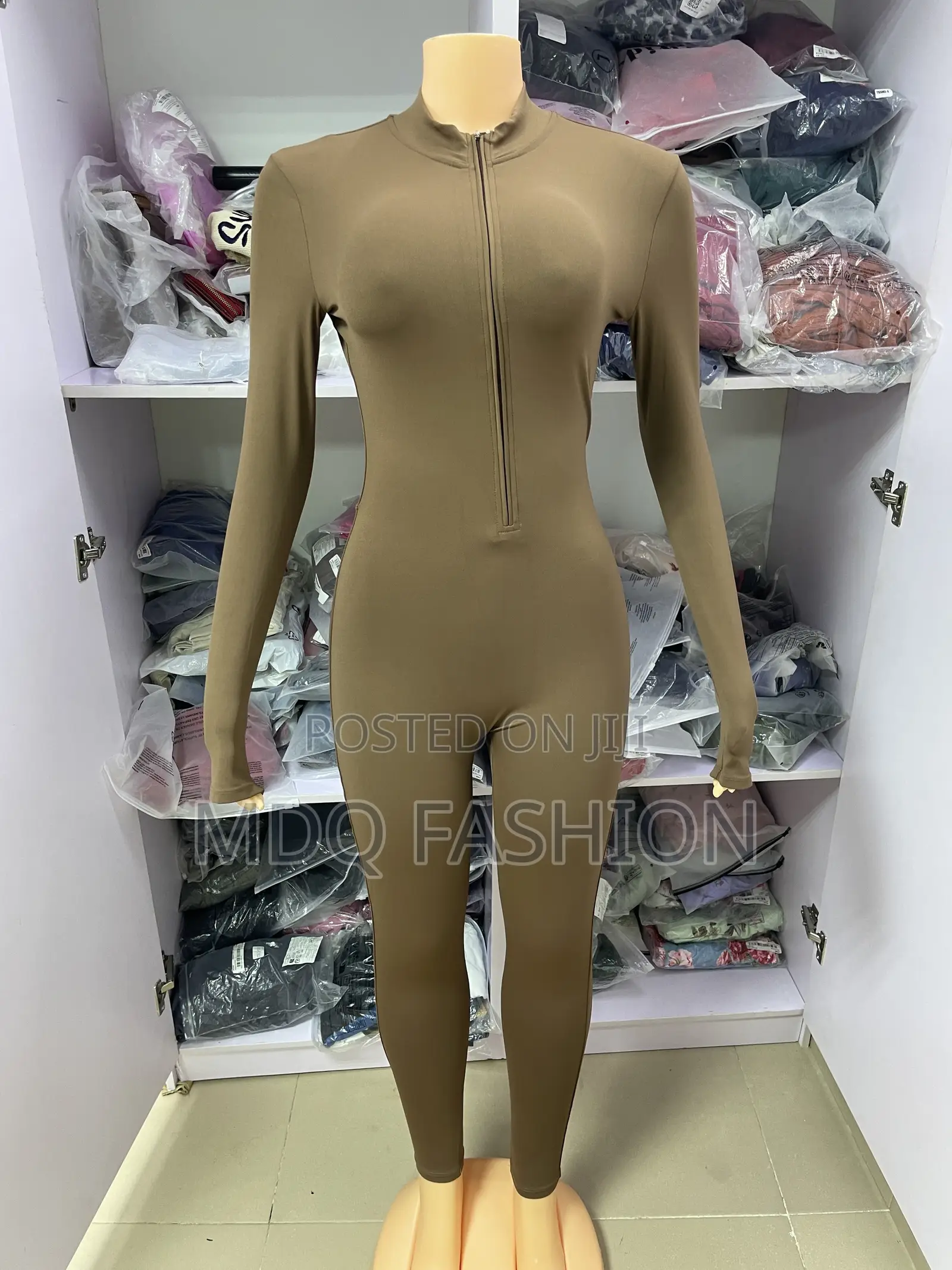 Brown Long-Sleeve Front-Zip Jumpsuit