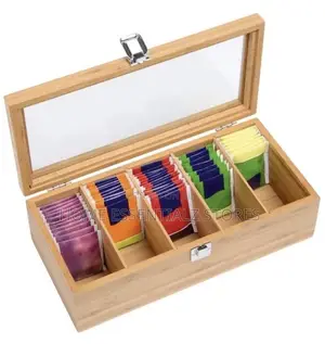 5-Compartment Bamboo Tea Bag Organizer With Glass Lid - Bamboo Tea Box