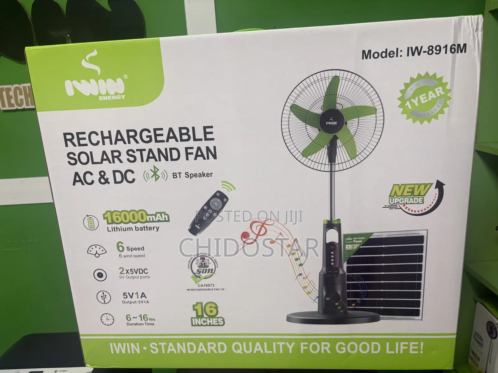 Iwin 16" Solar Stand Fan Ac/Dc With Speaker Solar Panel