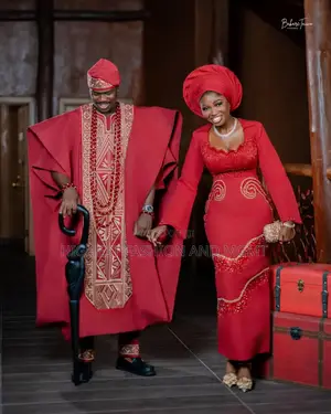Luxurious Red Aso-Oke With Beaded Embroidery for Couple