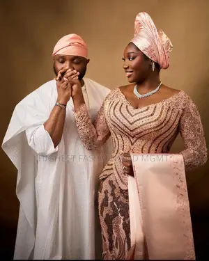 Premium Peach Lace Bridal Dress Gele