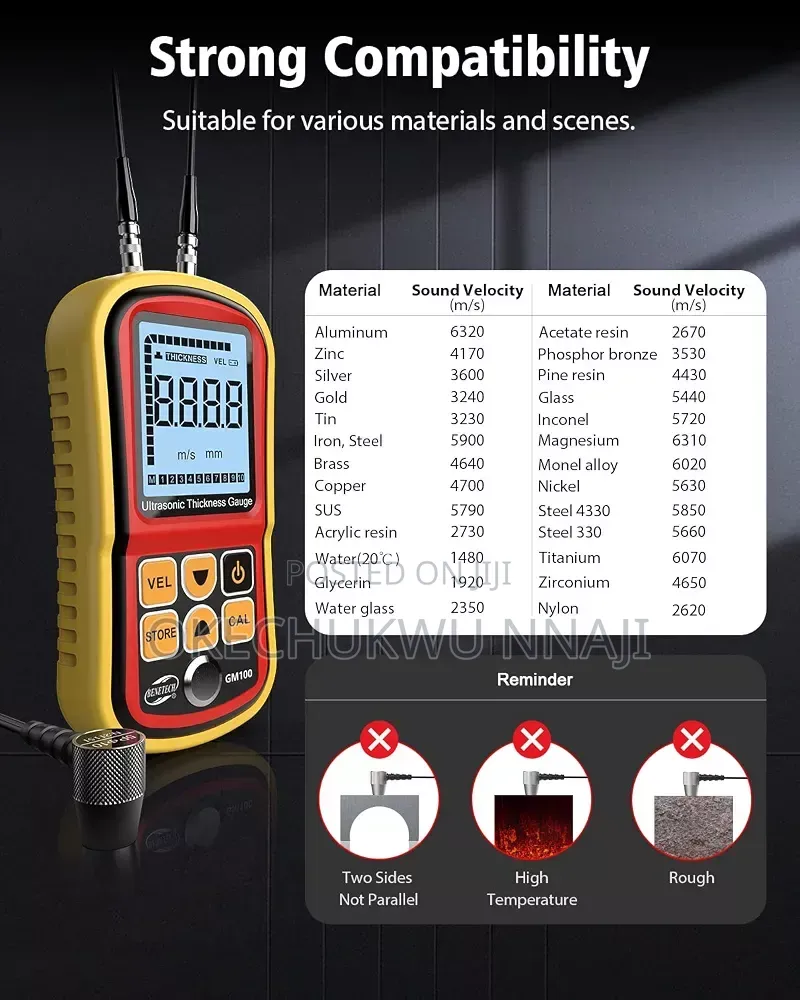 Gm100 Digital Ultrasonic Thickness Gauge Meter, Range 0.047 to 8.85in,