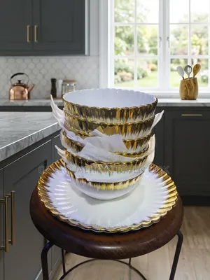 Porcelain Dinnerware (Flat and Bowl) White Gold Color