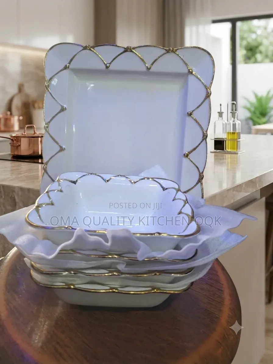 Porcelain Dinnerware Flat and Bowl (White/Gold Design)