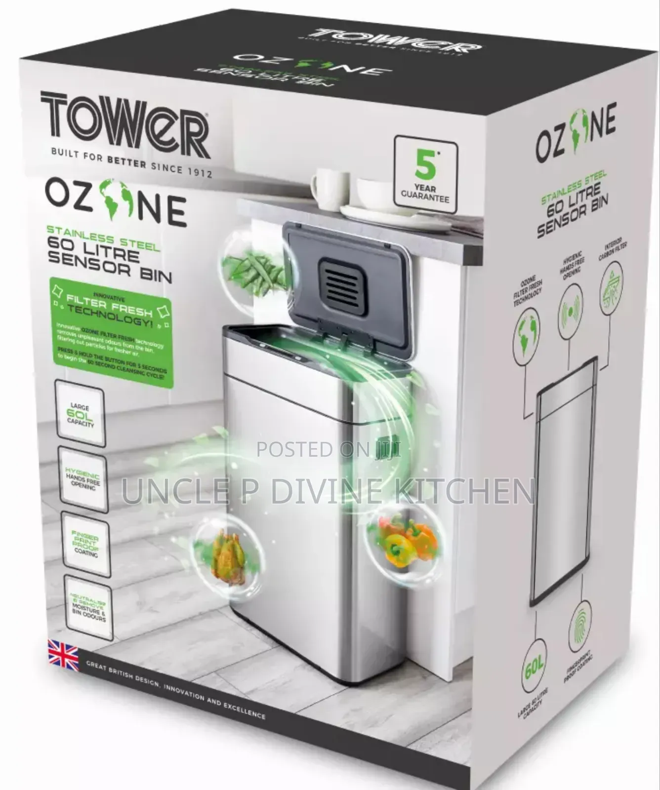 Tower 60l Ozone Hand Free Sensor Bin.