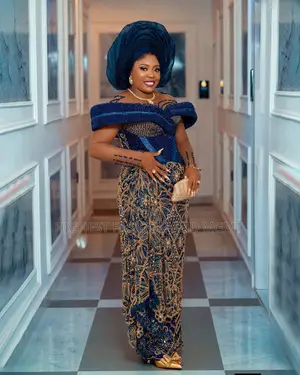 Luxury Navy Blue Gold Embroidered George Gown