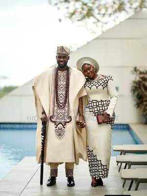 Elegant Embroidered Cut Back Aso-Oke Wedding Dress + Gele