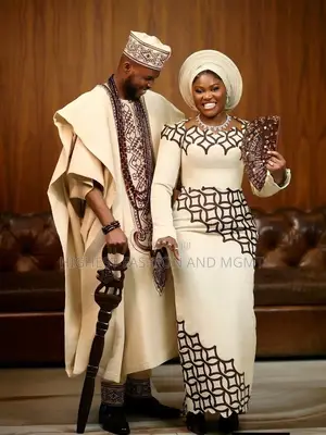 Elegant Embroidered Cut Back Aso-Oke Wedding Dress + Gele